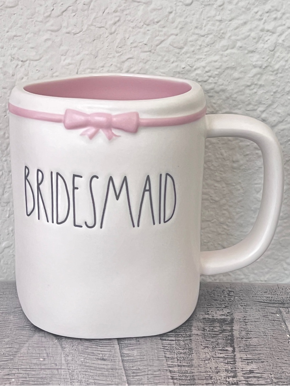 Rae Dunn Bridesmaid Bridal Party Pink-Trim Bow White Ceramic Mug